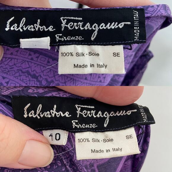 Vintage Salvatore Ferragamo Paisley Blouse Purple Silk 80s Work Boho Size 10 - Picture 14 of 15